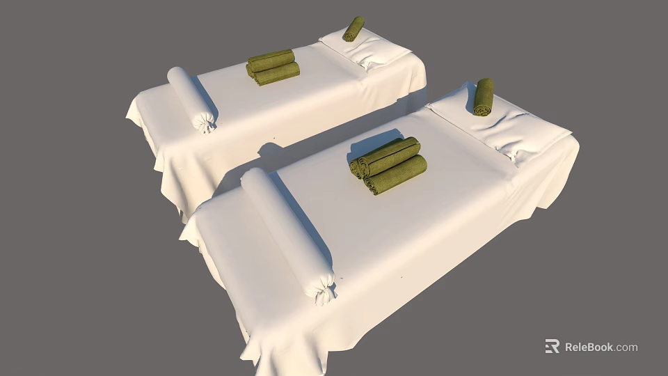 Two Massage Beds With White Sheets Green Rolled Towels And Pillows 3d model 