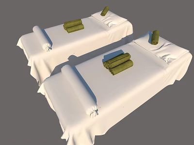 Two Massage Beds With White Sheets Green Rolled Towels And Pillows 3d model