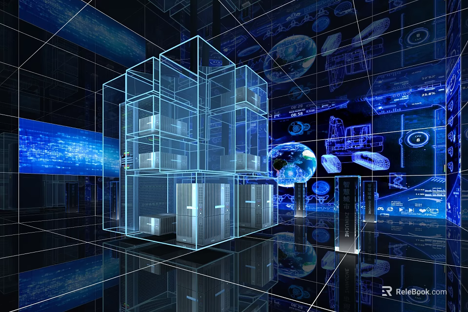Futuristic Technology Data Center With Blue Holographic Grid And Globe 3d model
