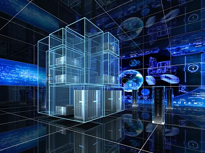 Futuristic Technology Data Center With Blue Holographic Grid And Globe 3d model