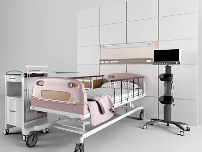 Advanced Medical Equipment Setup with Hospital Bed Mobile Cart and Monitor 3d model