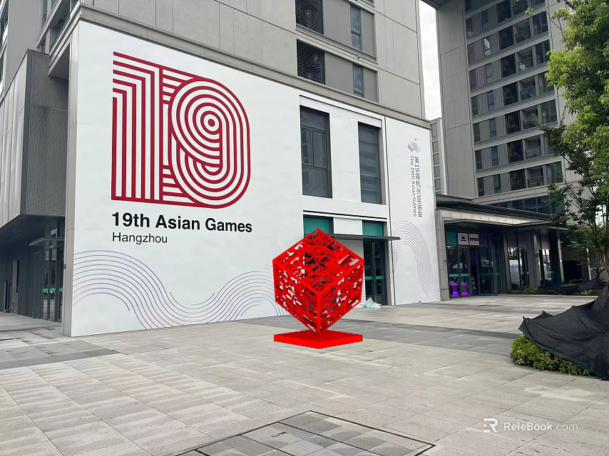 19th Asian Games Hangzhou Red Sculpture In Front Of Modern Building Exterior Square 3d model 