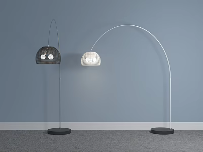 Modern Black And White Floor Lamps With Arched Pole And Round Shade On Gray Floor 3d model