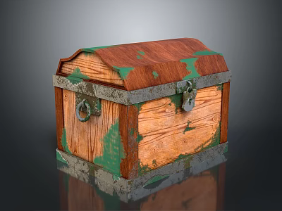 Vintage Old Wooden Chest With Rusty Green Patina And Metal Lock Hinges 3d model