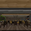 Modern Restaurant Interior With Wooden Ceiling Chandeliers Yellow Chairs Dining Tables And Green Plants