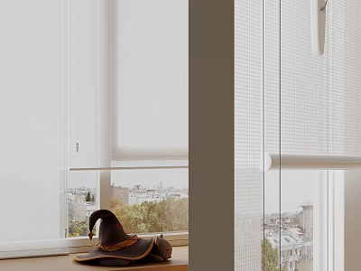 Modern White Light Filtering Roller Curtain For Window With Urban City View 3d model