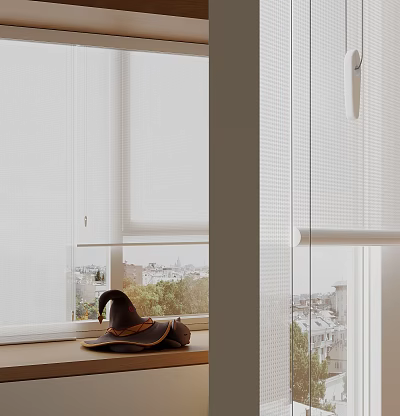 Modern White Light Filtering Roller Curtain For Window With Urban City View 3d model