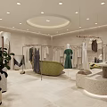 Modern Clothing Store Interior With Clothing Racks Mannequins Green Sofa And Warm Lighting