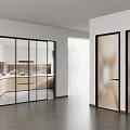 Modern Interior Sliding Doors With Glass Panels And Black Frames In Kitchen Area 3d model