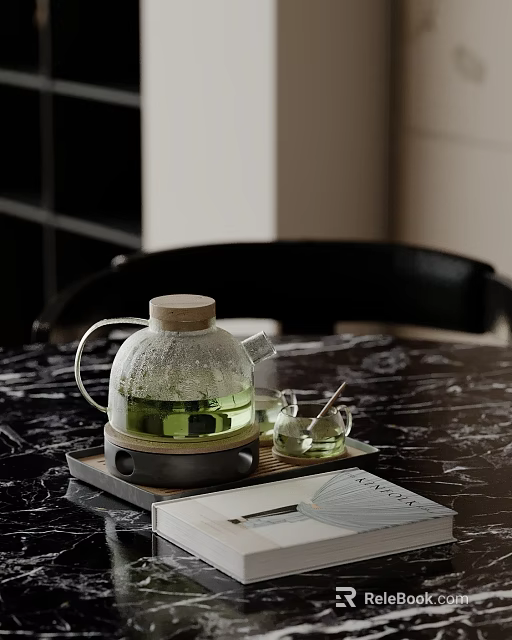 Glass Teapot With Wooden Lid And Small Cup Teaspoon On Black Marble Tabletop Decorative Set 3d model 