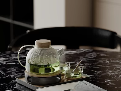 Glass Teapot With Wooden Lid And Small Cup Teaspoon On Black Marble Tabletop Decorative Set 3d model
