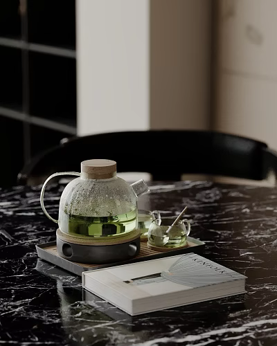 Glass Teapot With Wooden Lid And Small Cup Teaspoon On Black Marble Tabletop Decorative Set 3d model