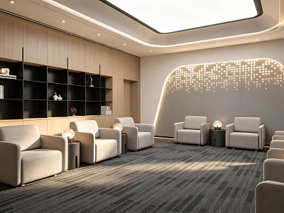Spacious Modern Business Meeting Room With Comfortable Upholstered Sofas And Warm Artistic Ambient Lighting 3d model