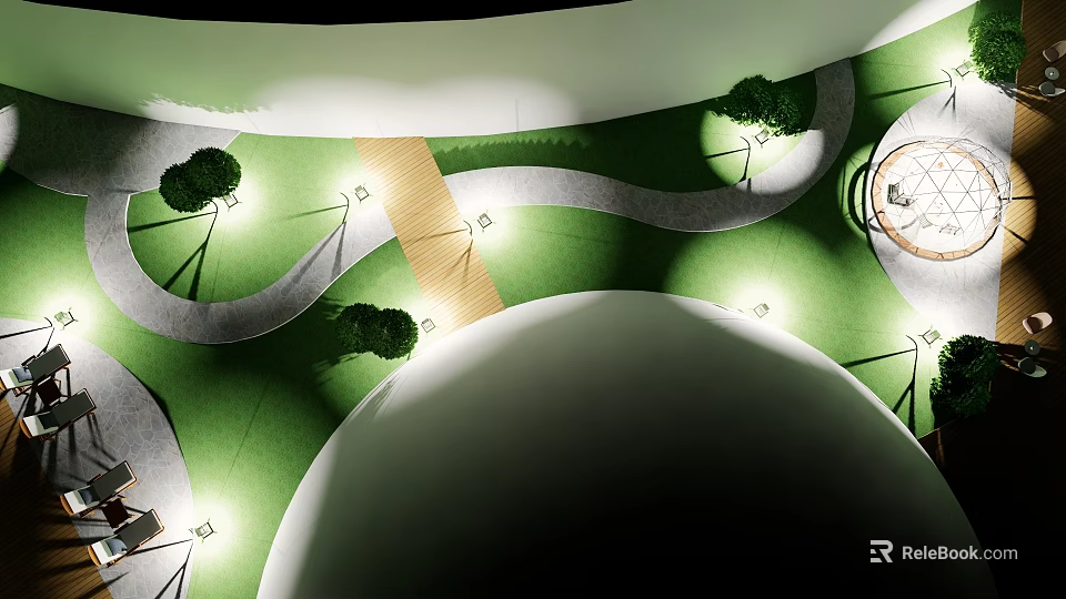 Round Dome Tent on Green Grass with Curved Pathway and Streetlights 3d model 