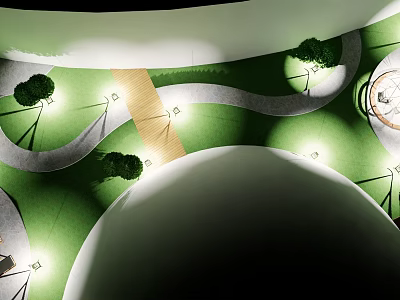 Round Dome Tent on Green Grass with Curved Pathway and Streetlights 3d model