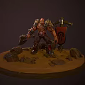 Horned Fantasy Warrior Character Wielding Axe With Barrels Banner And Stones On Diorama Base