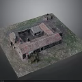 Traditional Courtyard Style Building Model With Red Tiled Roof And Grass Surrounding
