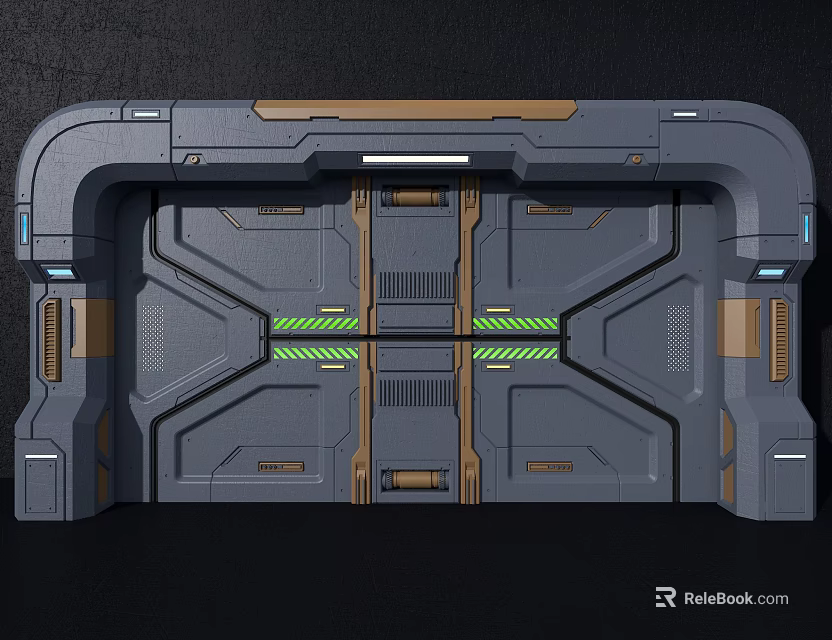 Futuristic Metal Door With Geometric Design Green Glowing Strips And Tech Inspired Details 3d model 