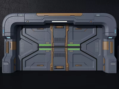 Futuristic Metal Door With Geometric Design Green Glowing Strips And Tech Inspired Details 3d model