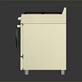 Beige Gas Range Oven With Multiple Burners Control Knobs And Green Towel