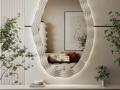 Unique Irregular Mirror with Wavy Edges LED Lighting Green Plants Reflecting Sofa Cushions and Shelf 3d model