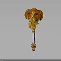 Ornate Hammer Weapon With Golden Details Orange Red Head Green Gemstones White Handle Colorful Ornaments