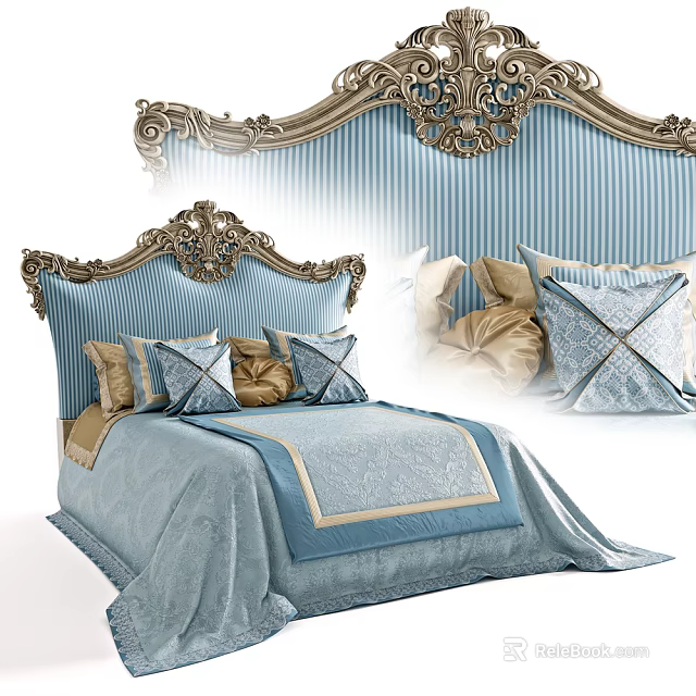 Elegant Double Bed With Ornate Carved Headboard Blue Striped Bedding And Gold Accent Pillows 3d model 