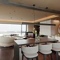 Open Concept Living Dining Room With Marble Island Pendant Lights Large Windows Sofa Area