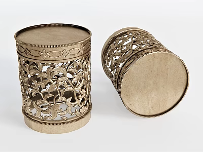 Golden Cylindrical Stools With Intricate Cutout Patterns And Ornate Decorative Edges 3d model
