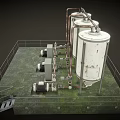 Industrial Facility Model With Three Storage Tanks Pipes Pumps And Railing Platform