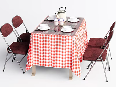 Red And White Checkered Tablecloth Dining Table Set With Four Red Chairs Tableware Teapot Cups 3d model