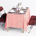 Red And White Checkered Tablecloth Dining Table Set With Four Red Chairs Tableware Teapot Cups 3d model