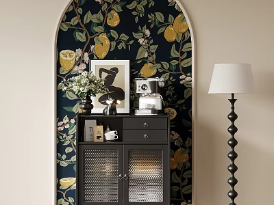 Stylish Room Decor With Lemon Patterned Wallpaper Arched Decoration Black Cabinet And Floor Lamp 3d model