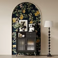 Stylish Room Decor With Lemon Patterned Wallpaper Arched Decoration Black Cabinet And Floor Lamp