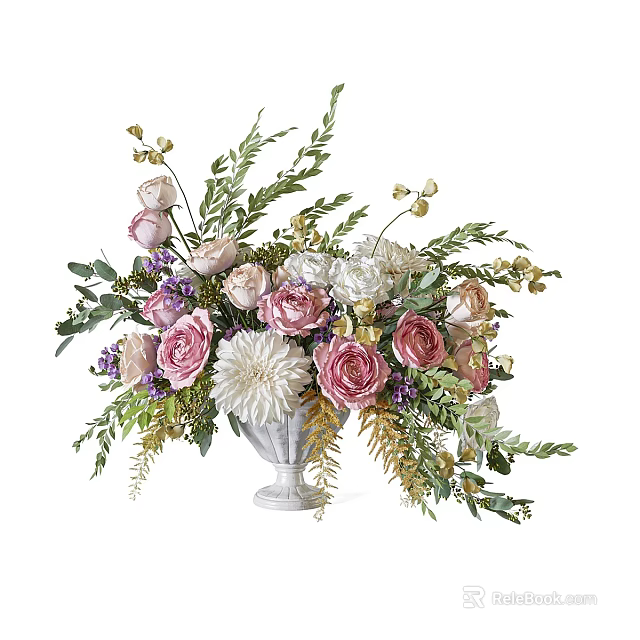 Elegant White Vase With Pink Roses White Dahlias Purple Blooms And Green Leaves 3d model 