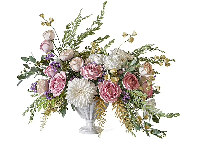 Elegant White Vase With Pink Roses White Dahlias Purple Blooms And Green Leaves 3d model