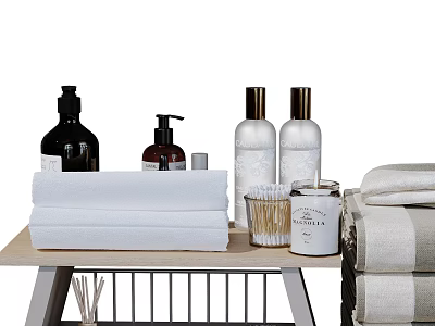 Elegant Bathroom Essentials Set With White Towels Liquid Soap Bottles And Cotton Swab Holder 3d model