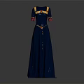 Elegant Blue Long Dress with Gold Accents Red Cuffs and Embroidered Belt
