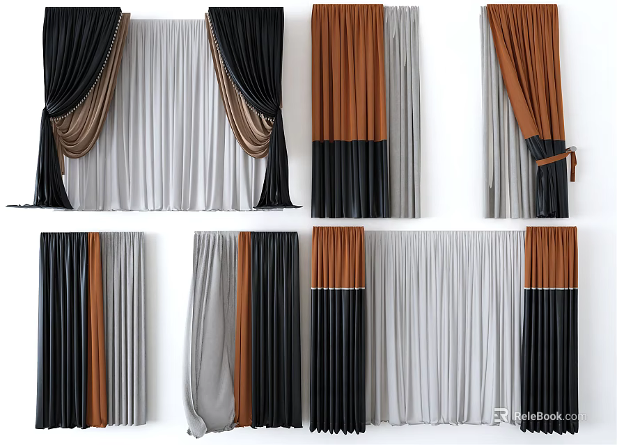 Stylish Curtain Designs With Black Gray Brown Layers And Decorative Ties For Home 3d model 
