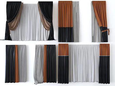 Stylish Curtain Designs With Black Gray Brown Layers And Decorative Ties For Home 3d model