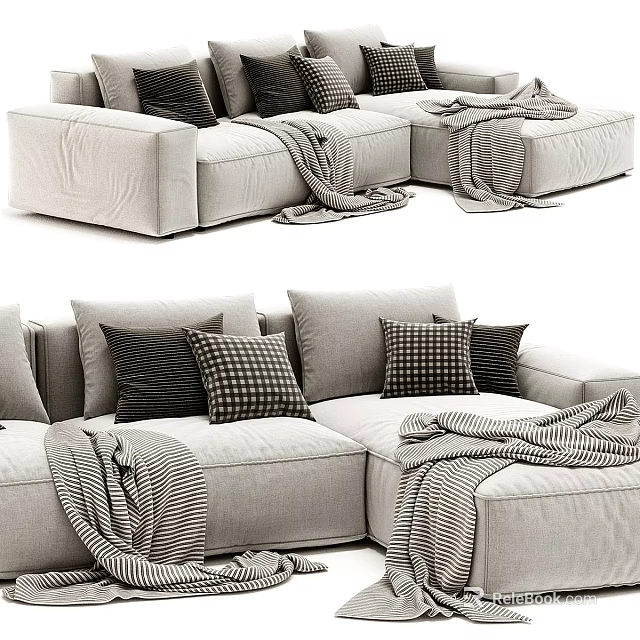 Cozy Sectional Sofa With Plush Pillows Striped Blankets And Neutral Fabric Upholstery 3d model 