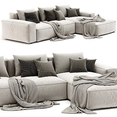 Cozy Sectional Sofa With Plush Pillows Striped Blankets And Neutral Fabric Upholstery 3d model
