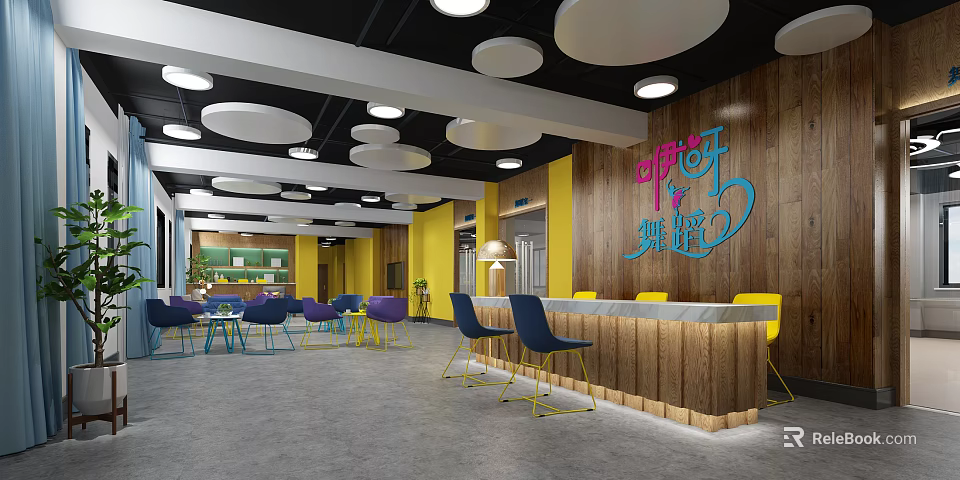 Modern Shop Front Desk With Wooden Counter Yellow Wall And Round Ceiling Lights 3d model 