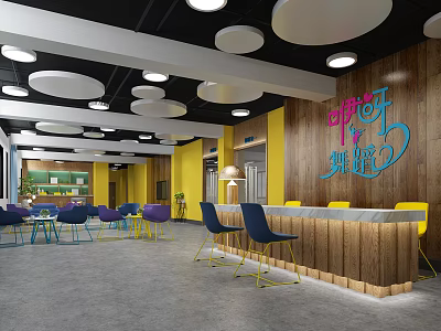 Modern Shop Front Desk With Wooden Counter Yellow Wall And Round Ceiling Lights 3d model