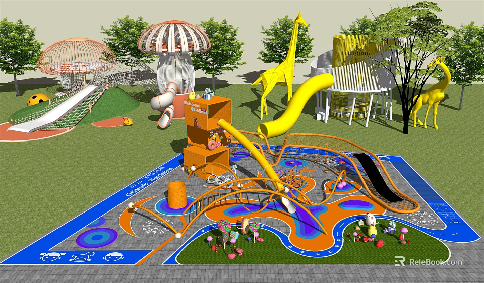 Colorful Playground Equipment Featuring Yellow Slide Orange Climbing Structure Green Lawn And Circular Patterns 3d model 