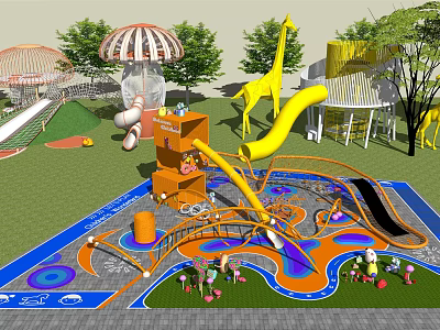Colorful Playground Equipment Featuring Yellow Slide Orange Climbing Structure Green Lawn And Circular Patterns 3d model