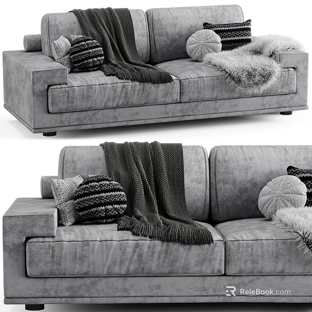 Modern Gray Fabric Double Sofa With Striped Pillows And Fuzzy Throws 3d model 