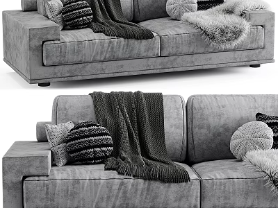 Modern Gray Fabric Double Sofa With Striped Pillows And Fuzzy Throws 3d model