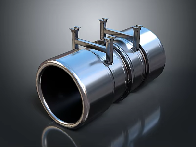 Industrial Metallic Pipe Fitting With Shiny Chrome Surface And Flange Brackets 3d model