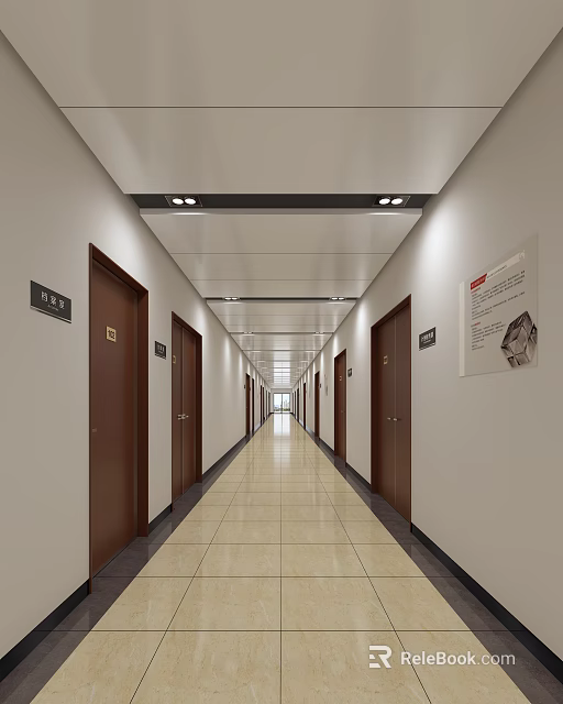 Modern Office Corridor With Brown Doors Signage Notice Light Colored Tile Floor And Ceiling Lights 3d model 